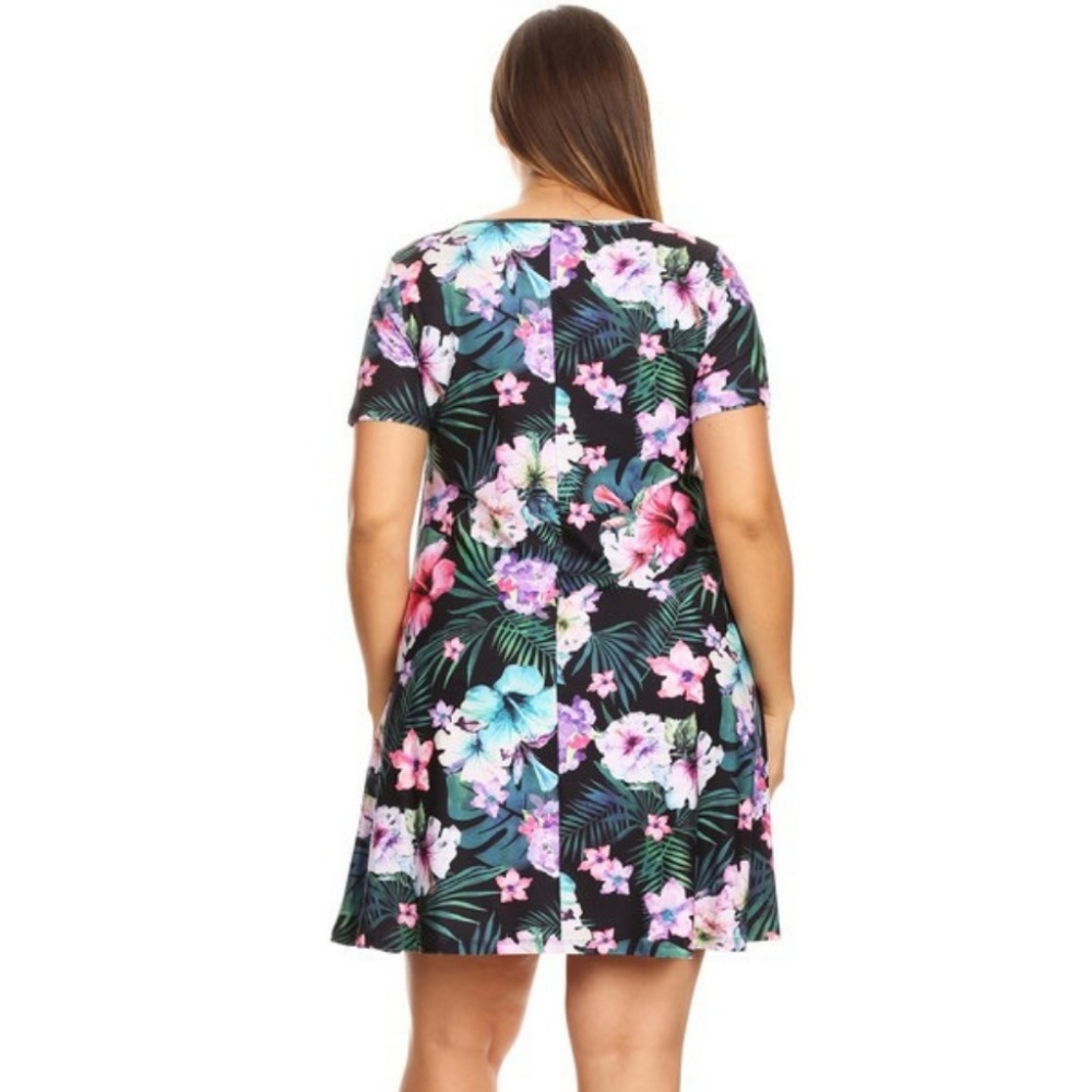 Women's Tropical Floral Print Fit Flare Dress BLK - Picture 4 of 6